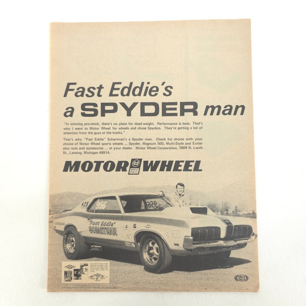 Motor Wheel Print Ad Fast Eddie Schartman Spyder Racing Promo Art Advertising